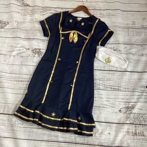 1805. Blue & Gold Sailor Dress Costume + White Hat | VGUC Medium